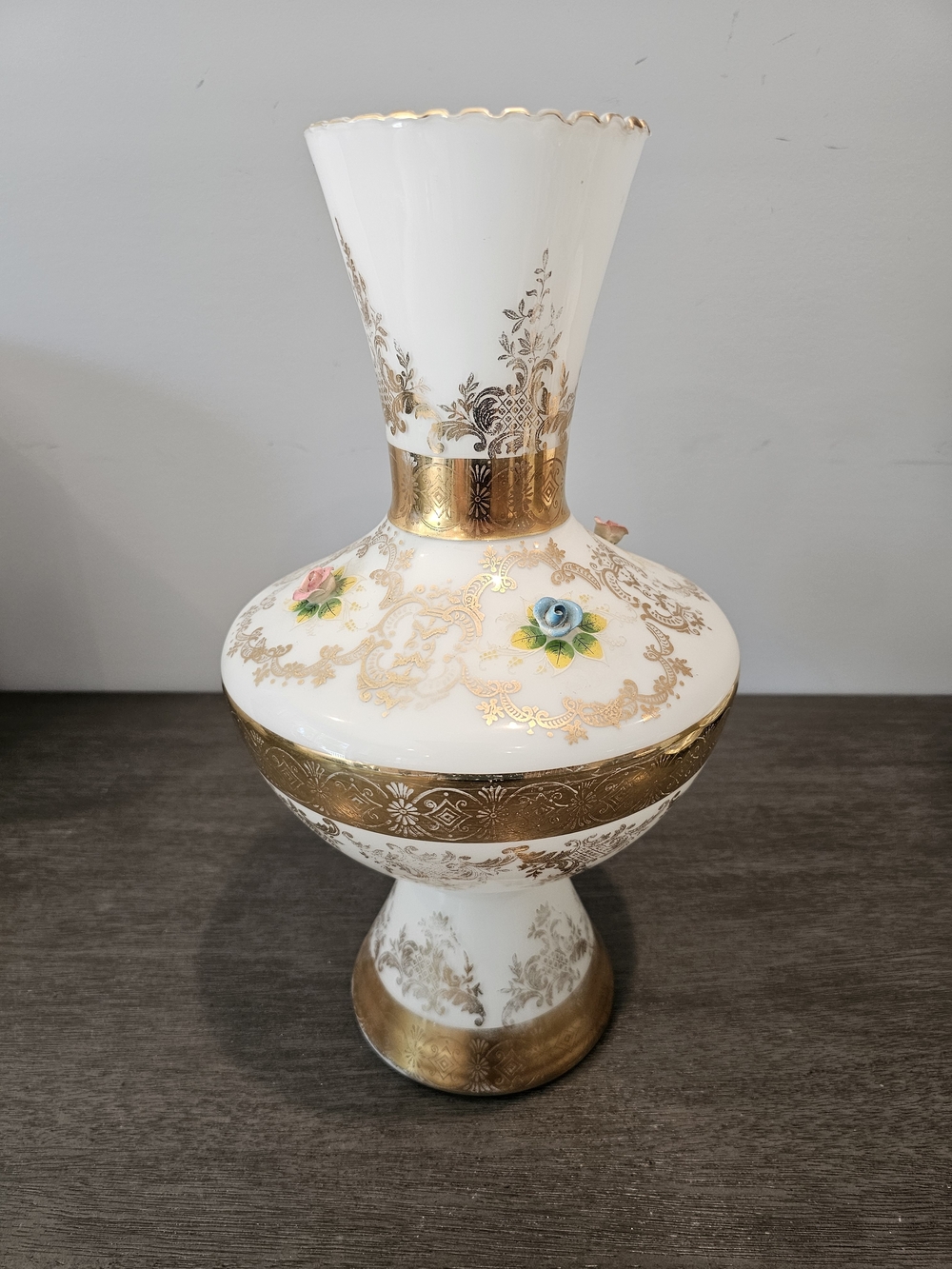 Vintage Bohemian Milk Glass Vase – Hand-Painted Gold Gilt & Raised Enamel Flower